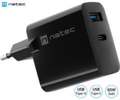 Natec Ribera GaN univerzalni punjač, ​​65 W, USB-A, USB-C, crni