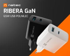 Natec Ribera GaN univerzalni punjač, ​​65 W, USB-A, USB-C, crni