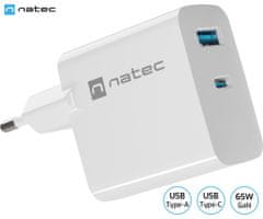 Natec Ribera GaN univerzalni punjač, ​​65 W, USB-A, USB-C, bijeli