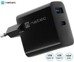 Natec Ribera GaN univerzalni punjač, 45 W, USB-A, USB-C, crni