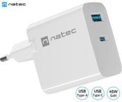 Natec Ribera GaN univerzalni punjač, ​​45 W, USB-A, USB-C, bijela