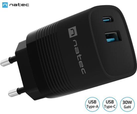 Natec Ribera GaN univerzalni punjač, 30 W, USB-A, USB-C, crna