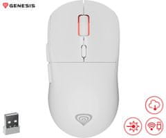 Genesis Zircon XIII bežični miš, gaming, 26,000DPI, 2,4GHz/USB-C, 7 tipki, baterija, bijeli