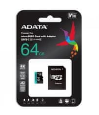 AData Premier Pro MicroSDHC memorijska kartica, 64 GB, UHS 3, V30, A2 + SD adapter