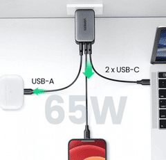 Ugreen GaN brzi punjač, USB-A i 2x USB-C, 65W (10335)