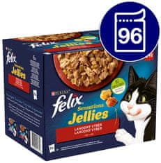 Felix Sensations Jellies govedina s rajčicom, piletina s mrkvom, patka, janjetina u želeu, 96 x 85 g