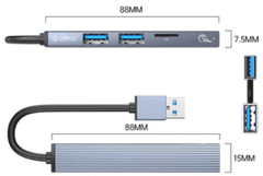 Orico AH-A12F USB hub sa 4 ulaza, 1x USB 3.0, 2x USB 2.0, TF, microSD, 0,15m, aluminij, siva (AH-A12F-GY-BP)